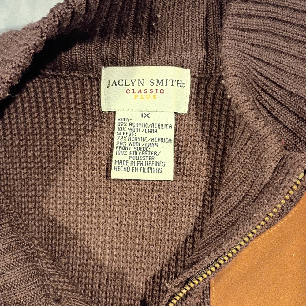 Jaclyn Smith Classic Plus Brown Faux Suede Front Zip Wool Blend Sweater 1X - Picture 2 of 8